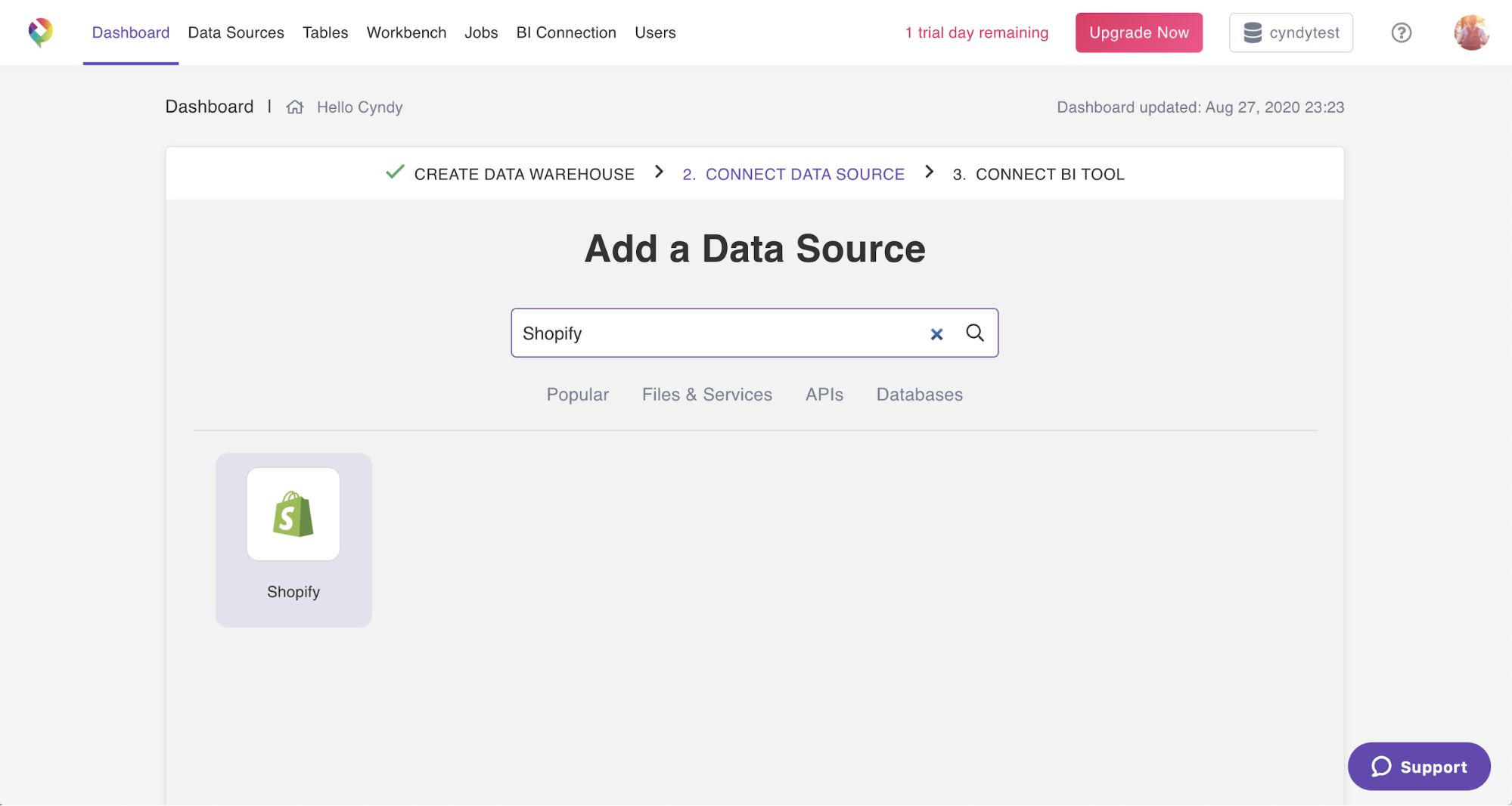 A screenshot of an easy-to-use UI for connecting Shopify data to a data warehouse.
