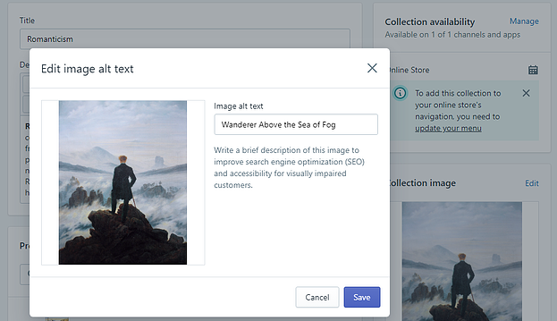 A screenshot of image alt text for a Shopify Collection.