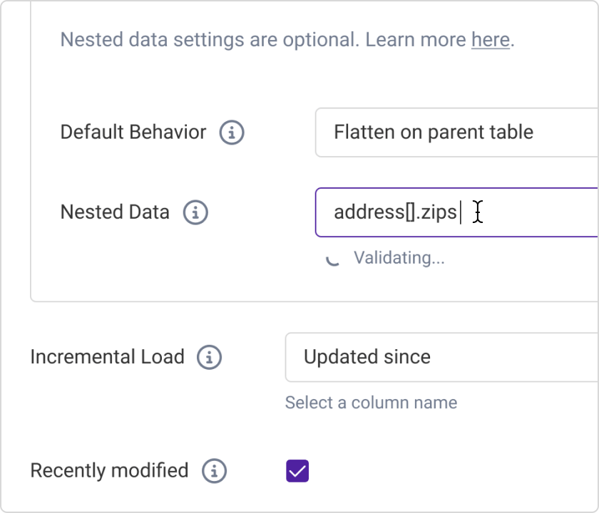 Customizable advanced settings for each data source
