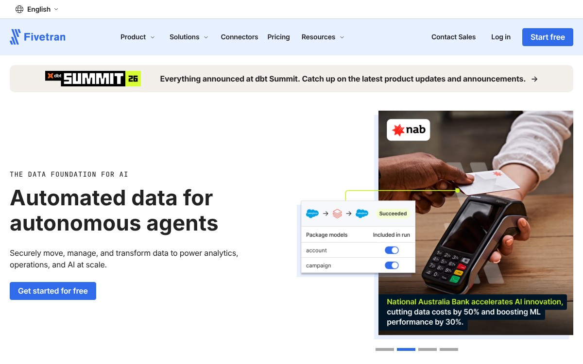 Fivetran product page showing its automated data integration platform.