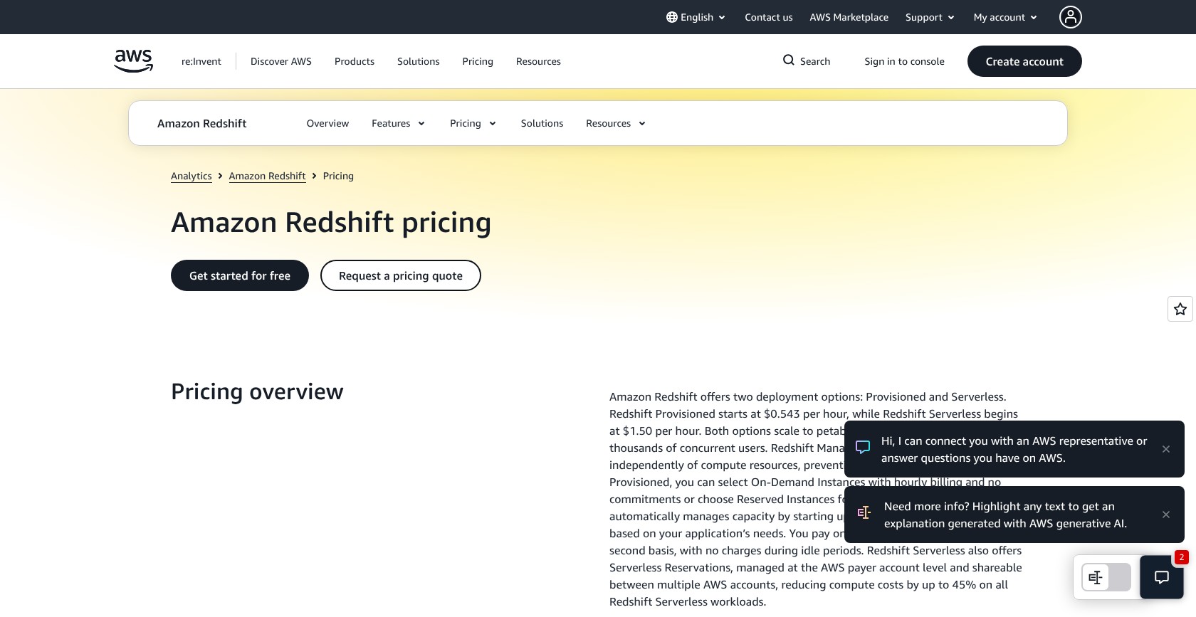 Amazon Redshift pricing page showing provisioned and Serverless pricing in September 2026
