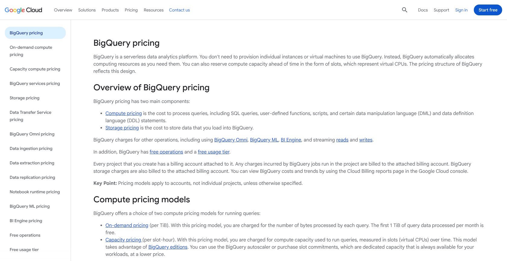 Google BigQuery pricing page showing on-demand and capacity compute pricing in September 2026