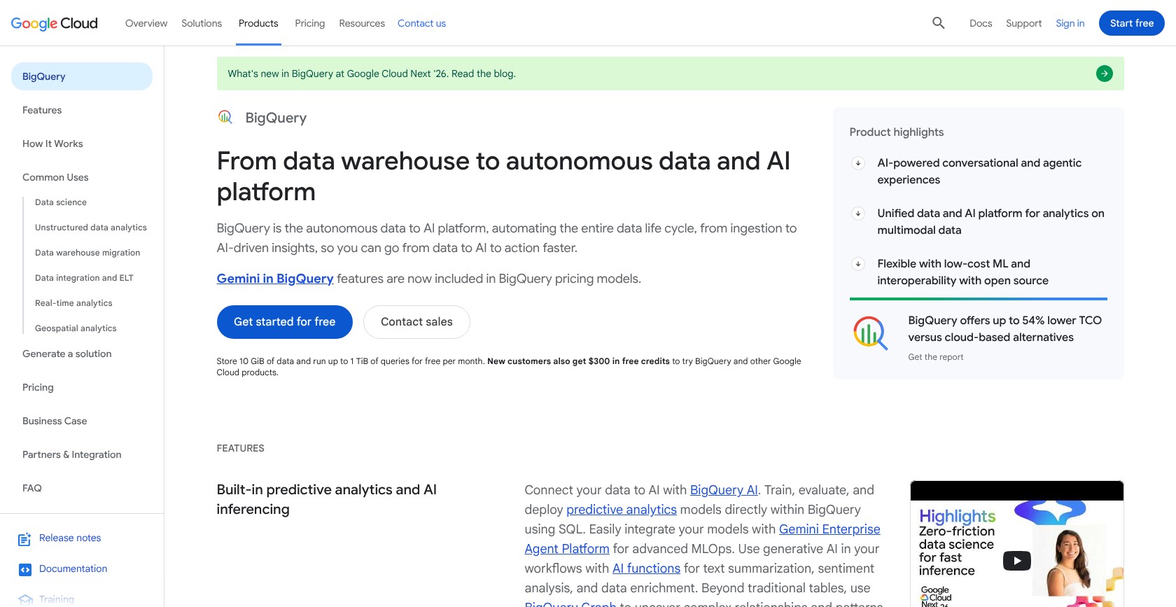 Google BigQuery product page on cloud.google.com in September 2026