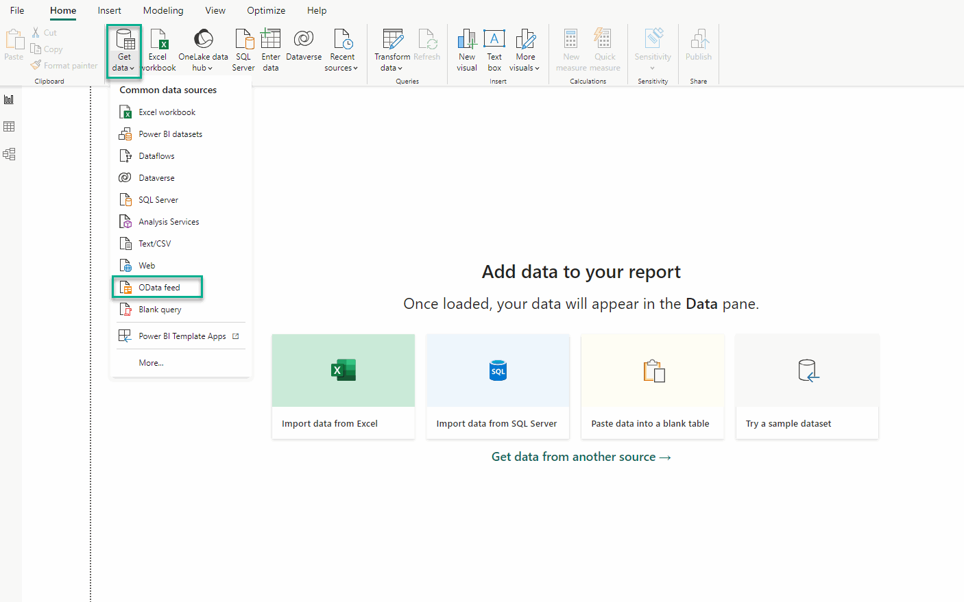 OData feed selected in the Power BI Desktop Get data menu