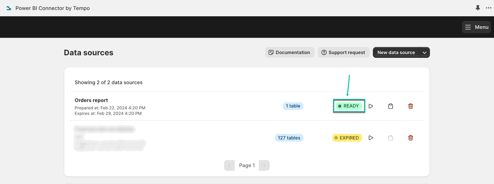 A generated Shopify data source marked READY in Power BI Connector by Tempo