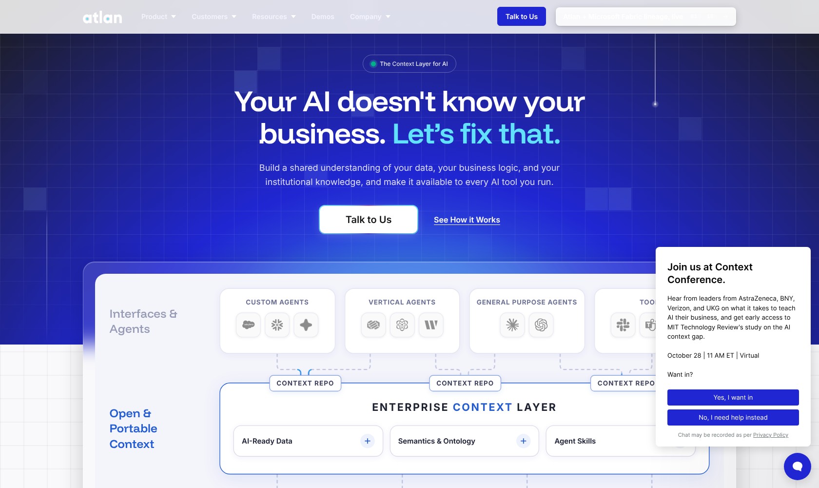 Atlan product page showing its data catalog and governance platform.