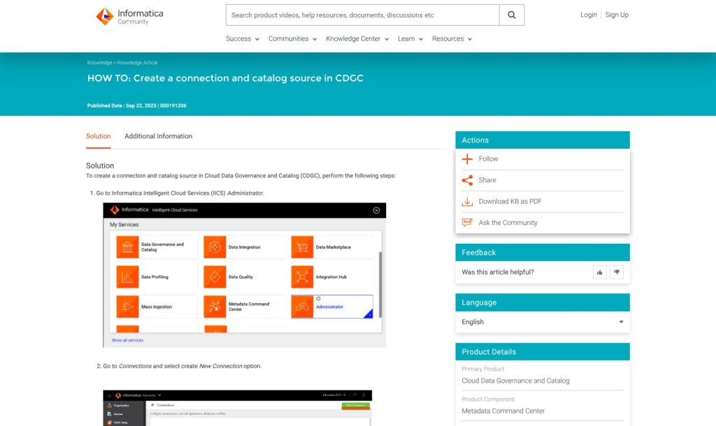 Informatica guidance for creating a connection for a CDGC catalog source