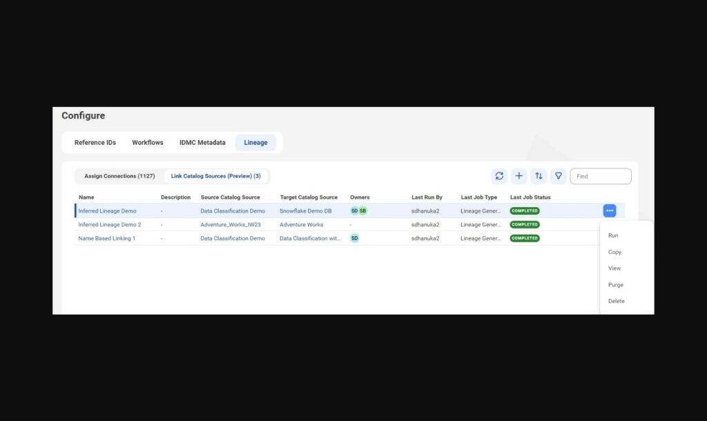 Informatica Metadata Command Center screen for configuring lineage links