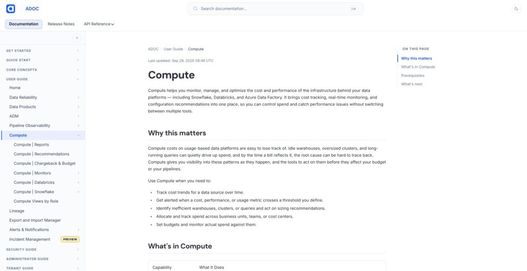 Acceldata official Compute documentation for cost and performance monitoring