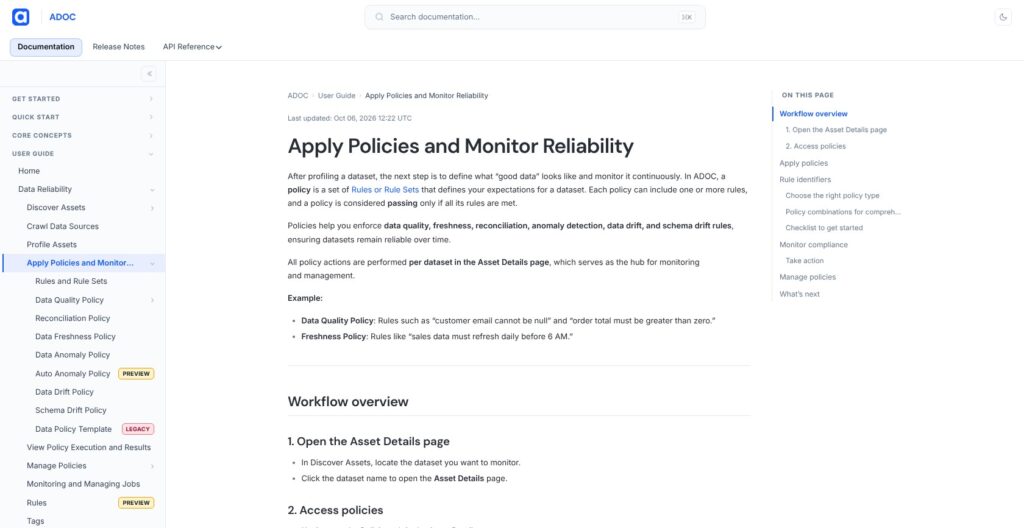 Acceldata official documentation for applying data reliability policies