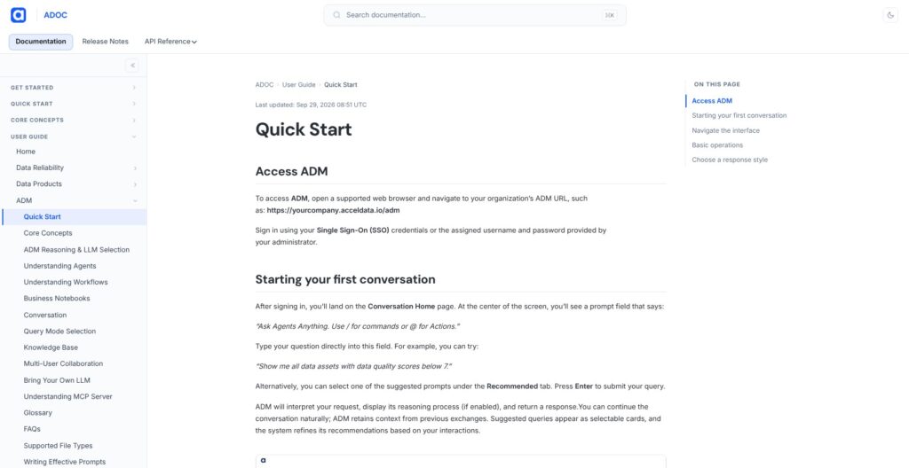 Acceldata official ADM quick-start documentation for signing in and starting a conversation