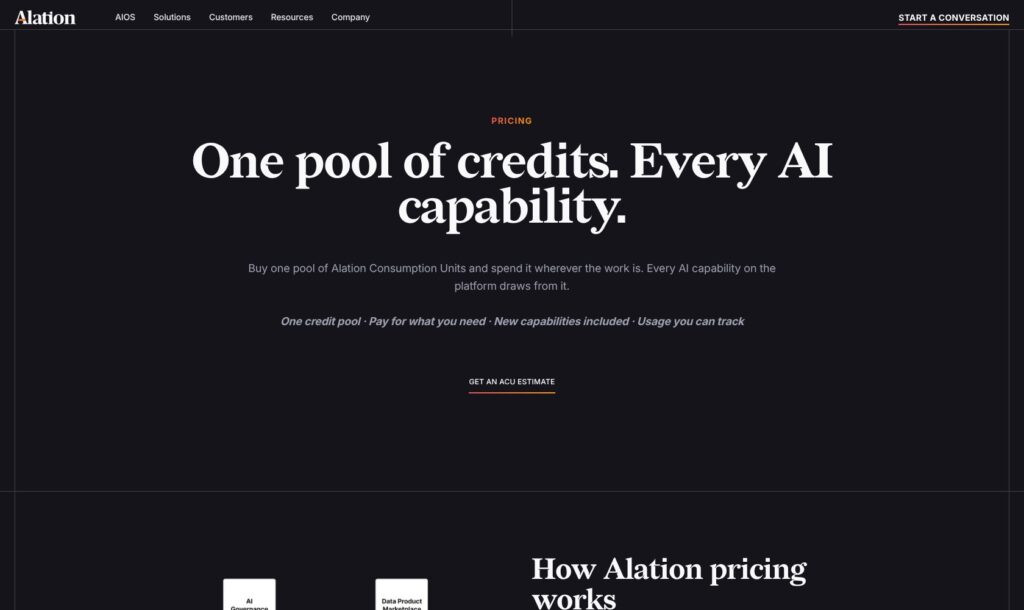 Alation pricing page explaining consumption units for AI capabilities.