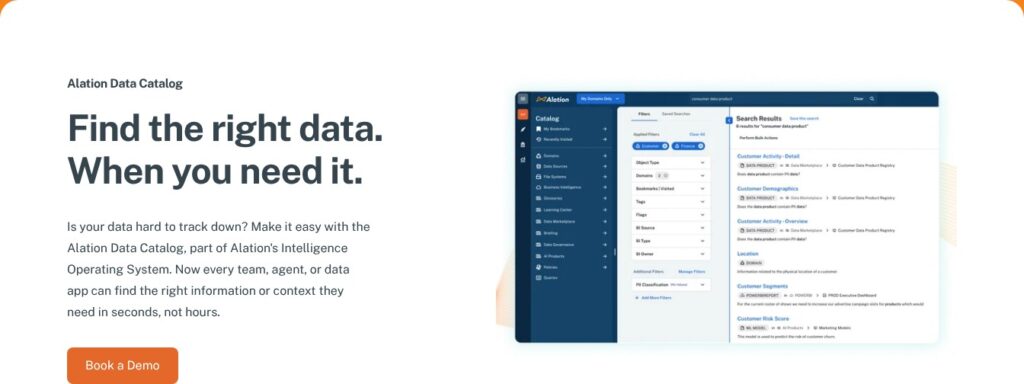 Alation data catalog product page describing discovery and business context.