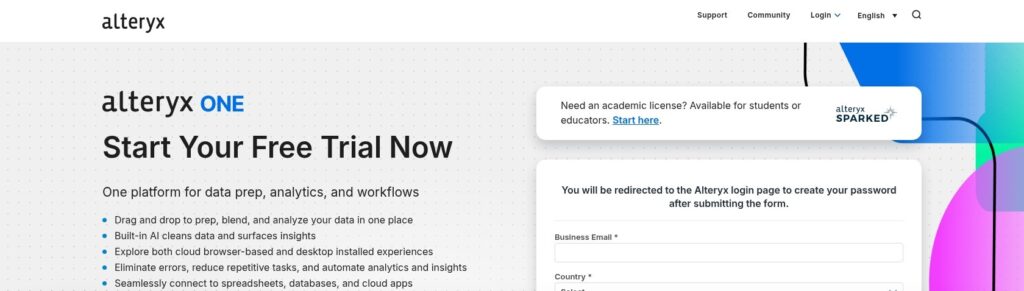 Alteryx One free trial signup page, October 2026