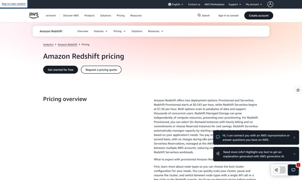 Amazon Redshift official pricing overview
