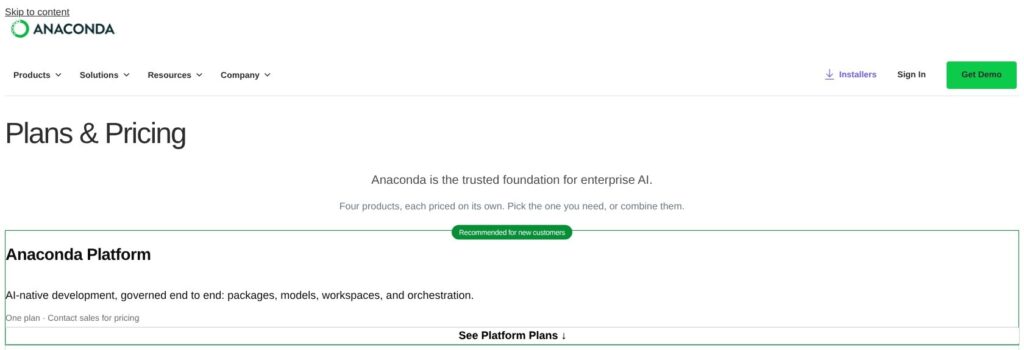 Anaconda pricing page, October 2026