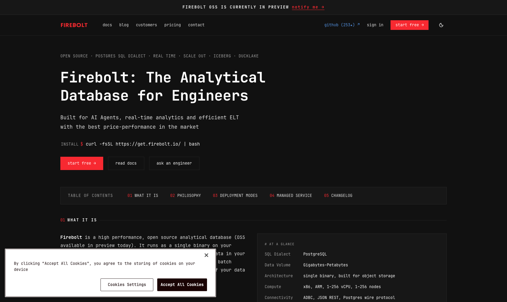 Firebolt analytical database product page in October 2026