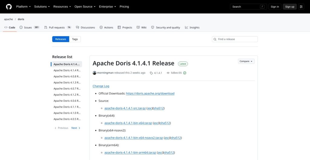 Apache Doris GitHub releases, October 2026