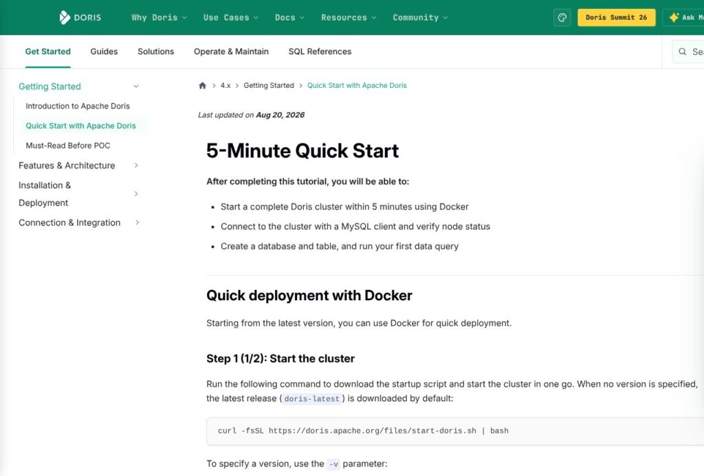 Apache Doris quick start documentation, October 2026