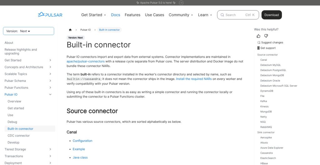 Apache Pulsar IO connectors list, October 2026