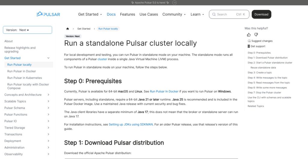 Apache Pulsar standalone quickstart guide, October 2026