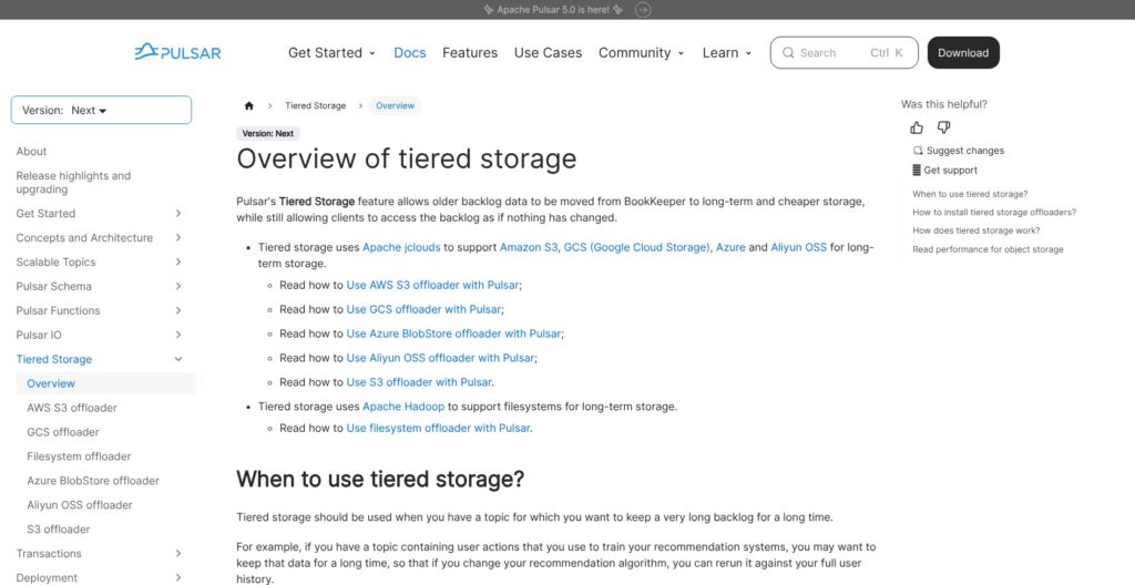 Apache Pulsar tiered storage overview, October 2026