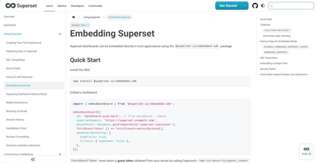 Apache Superset embedding documentation, October 2026