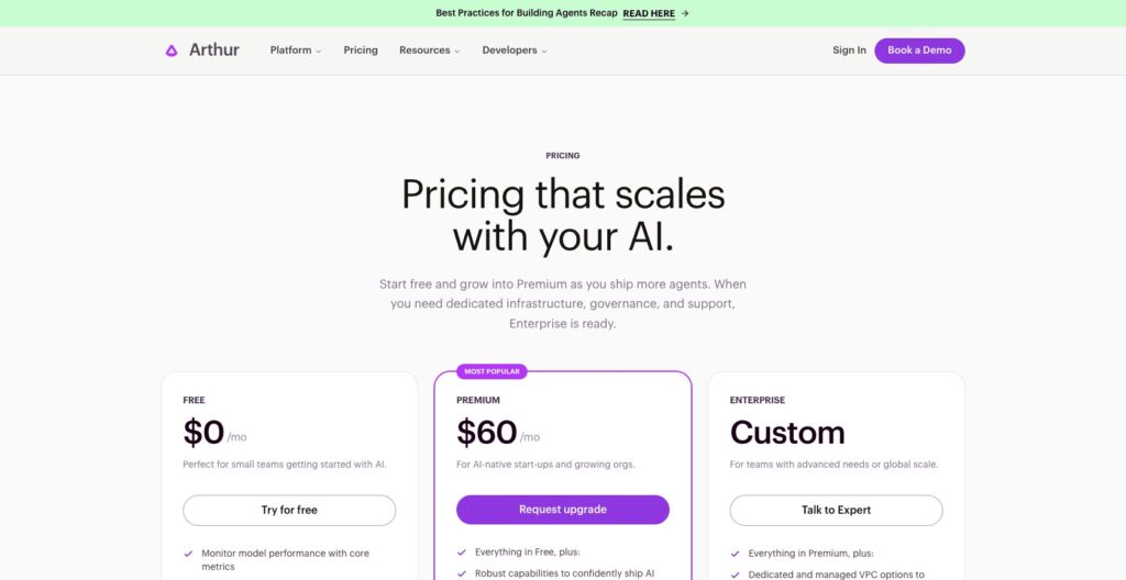 Arthur AI pricing plans, October 2026