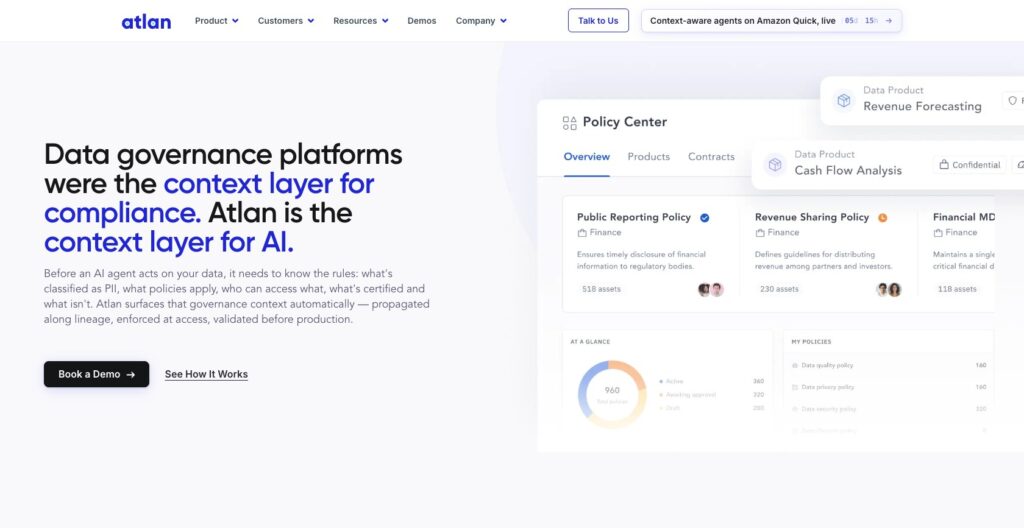 Atlan data governance product page with Policy Center
