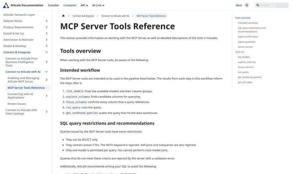 AtScale MCP tools documentation listing workflow and SQL restrictions