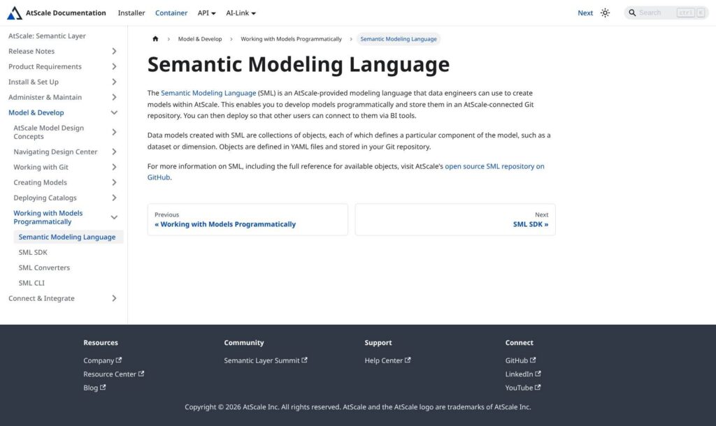 AtScale documentation describing Semantic Modeling Language and Git-backed models
