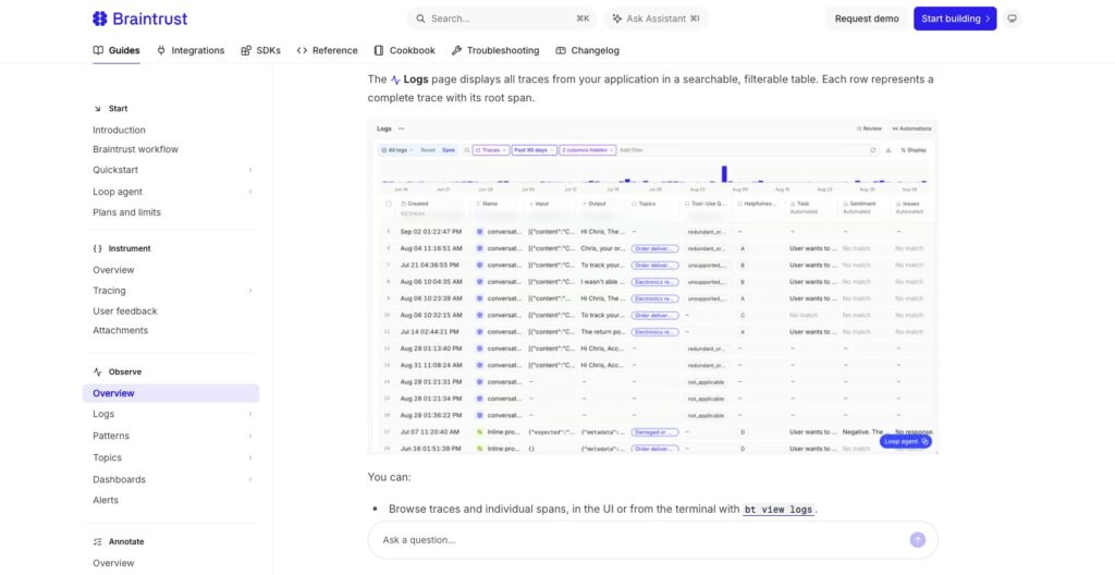 Braintrust Logs page listing production traces