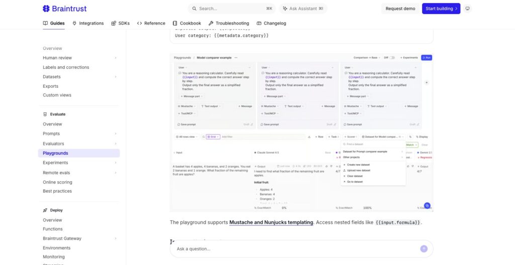 Braintrust Playground comparing prompts side by side against a dataset