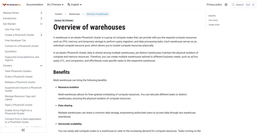 PhoenixAI warehouses overview documentation, October 2026