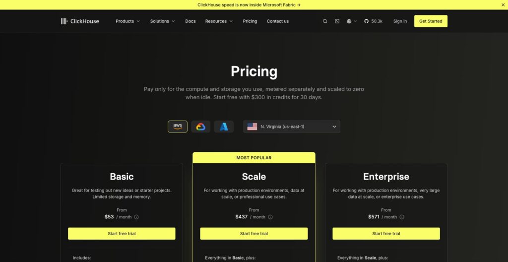 ClickHouse Cloud pricing page with Basic, Scale and Enterprise tiers, October 2026