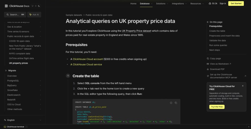 ClickHouse UK property price dataset tutorial, October 2026