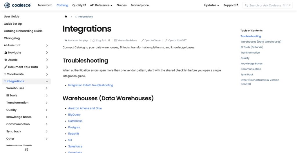 Coalesce Catalog integrations documentation, October 2026
