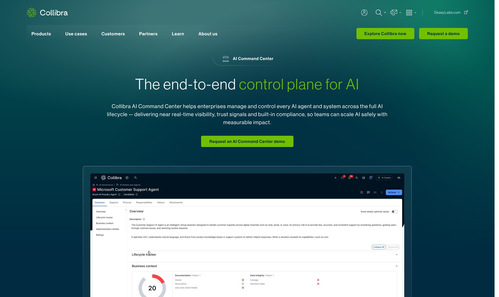 Collibra AI Command Center product page showing an AI agent record