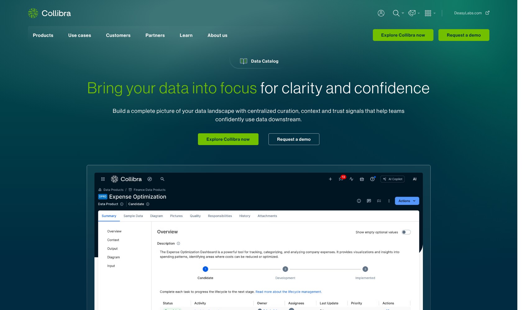 Collibra Data Catalog product page showing a data product with business context