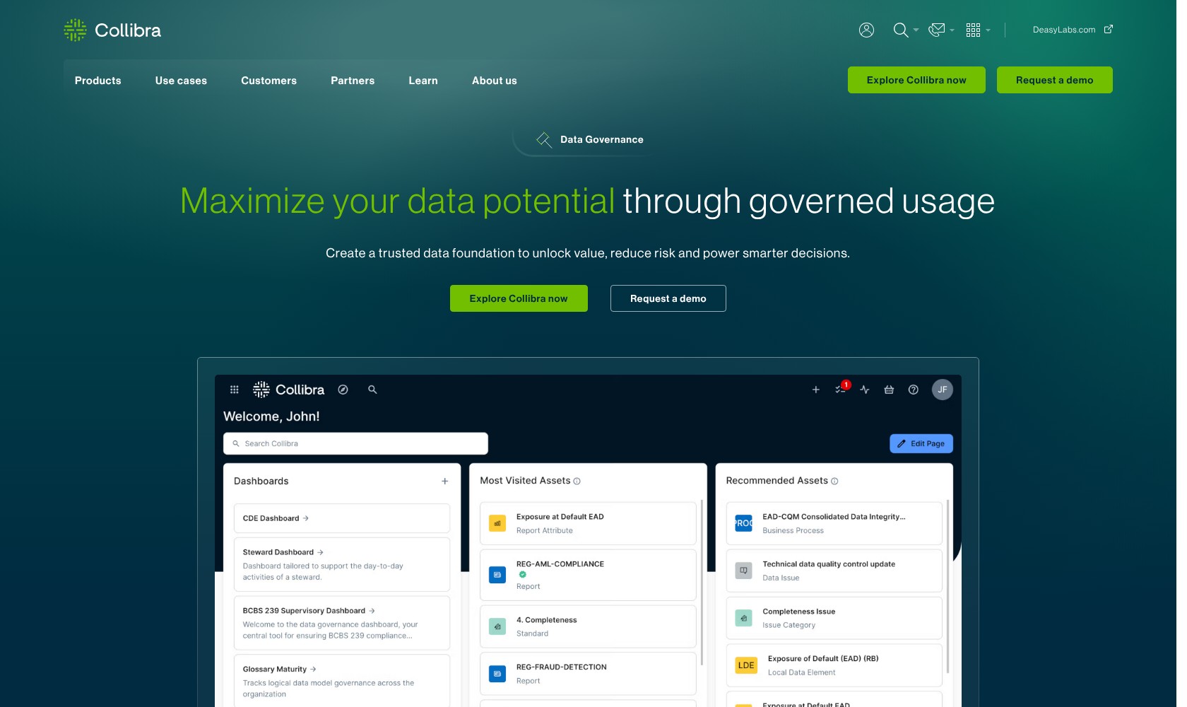 Collibra Data Governance product page showing a stewardship dashboard