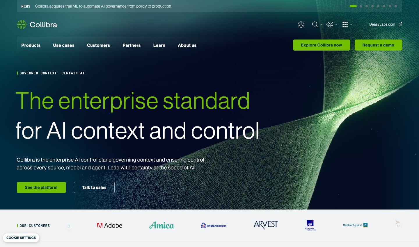 Collibra product page showing its AI and data governance platform.