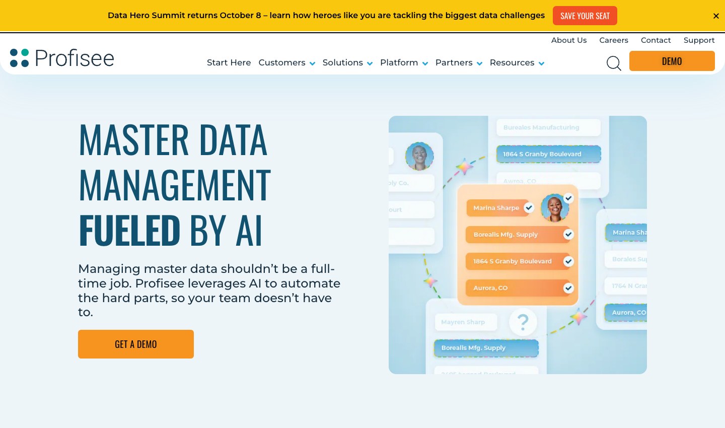 Profisee product page showing its master data management platform.