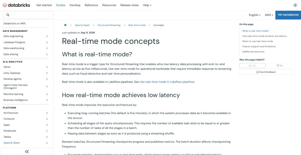 Databricks real-time mode documentation, October 2026