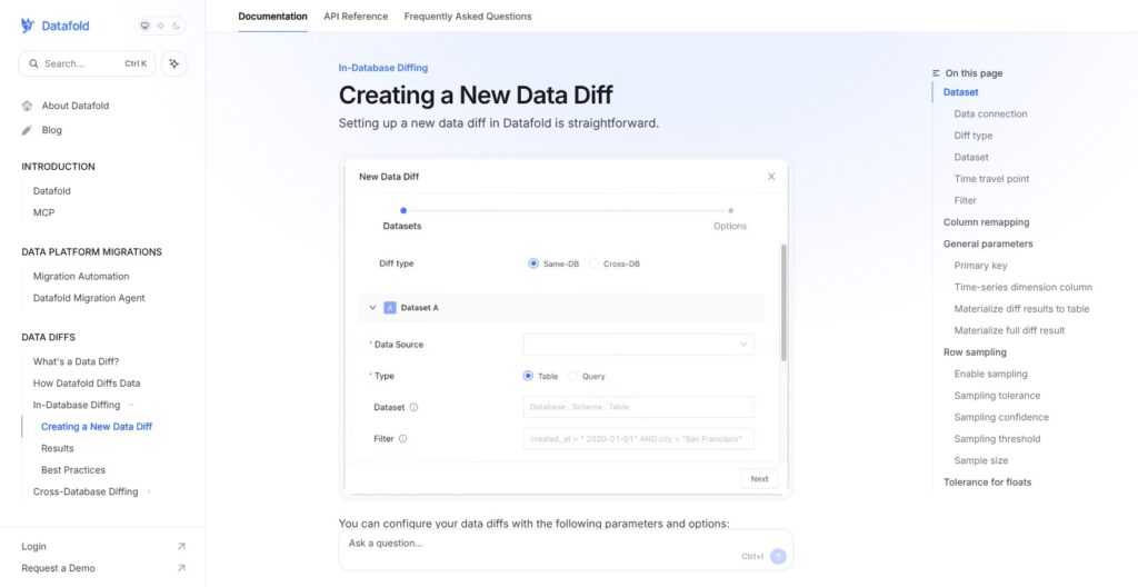 Datafold diff setup page, October 2026