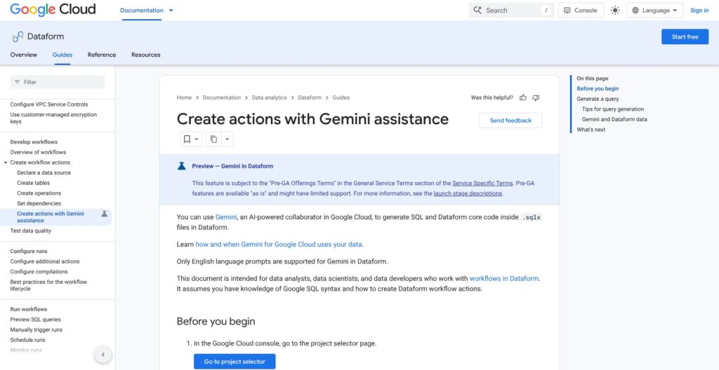 Gemini assistance in Dataform documentation, October 2026