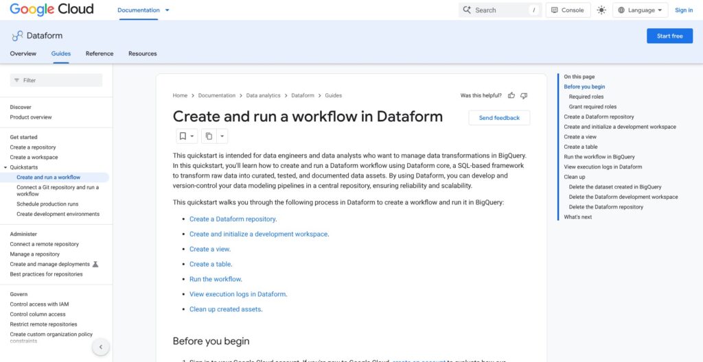 Dataform quickstart for creating a workflow, October 2026