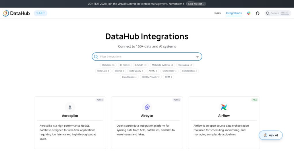 DataHub integrations directory, October 2026