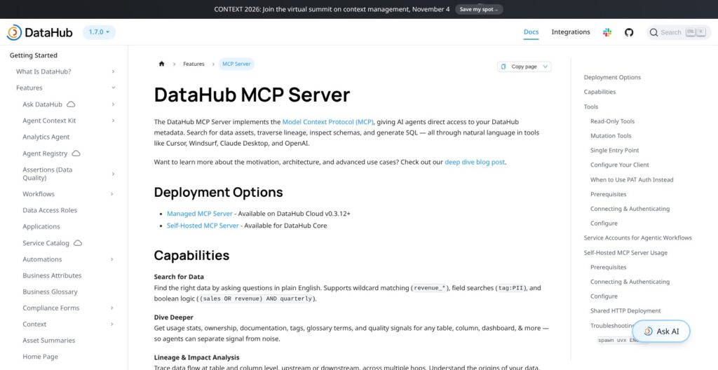DataHub MCP Server documentation, October 2026