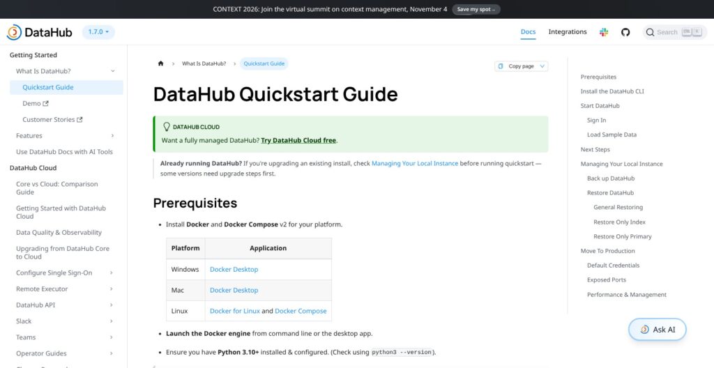 DataHub Core quickstart guide, October 2026