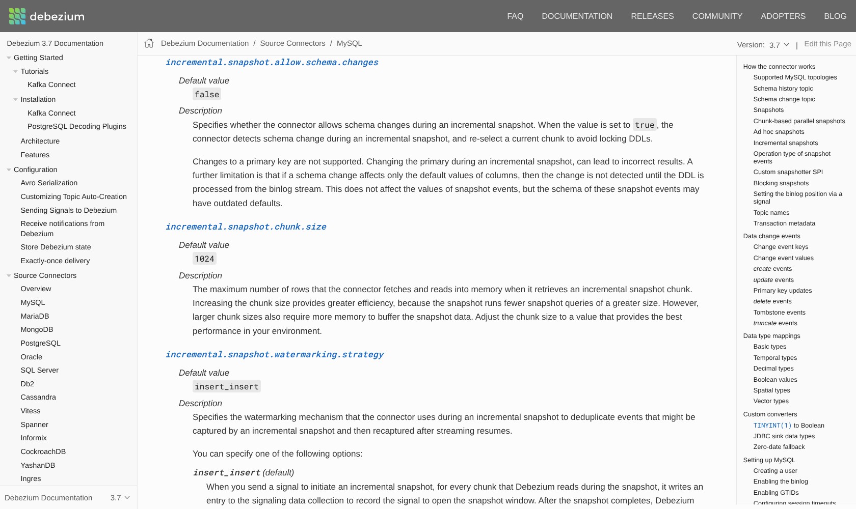 Debezium MySQL documentation showing incremental snapshot chunk size and watermark settings.